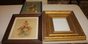 Gold Frame, Vintage Print of Lady with Birds, and Framed Needlepoint frame 17