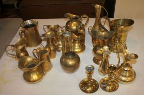 Box Lot of Various Brass Pitchers, Vases, Pair of Candlesticks