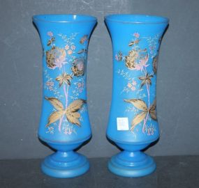 Pair of Blue Satin Glass Handpainted Vases 12
