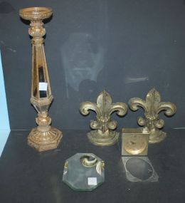 Mirrored Candlestand, Pair of Fleur-De-Lis Bookends, Seiko Clock, and Small Plateau candlestand 18