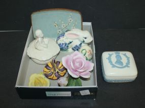 Porcelain Pink Rose on Stem, Porcelain Yellow Rose, Gail Pittman Rabbit, Ring Holder, and Cupid Box
