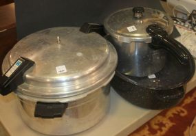 Two Pressure Cookers and Enamel Roasting Pan