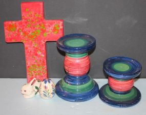 Ceramic Cross, Two Candle Stands, Rabbit, an Egg