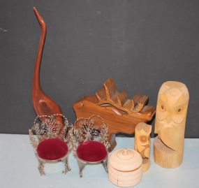Wood Moose, Duck, Box, and Two Wire Chairs