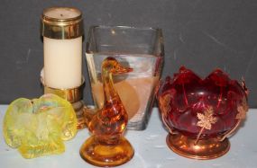 Red Glass Nut Dish, Elephant Card Holder, Duck, and Two Candleholders