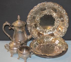 Silverplate Round Tray, Three Piece Coffee Set