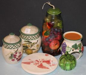 Ceramic Jars, Glass Jar, Trivet, and Glass Fruit