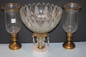 Vintage Centerpiece with Prisms, Marble Base and Two Hurricane Shade Candlesticks