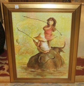 Oil Painting of Children Fishing signed and date 1994