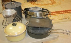 Lot of Frying Pans, Roaster, and Strainer
