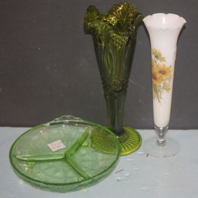 Green Glass Vase, Divided Depression Glass Dish, and Painted Glass Glass Vase Green Glass Vase 10