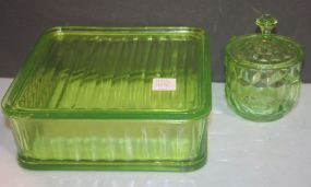 Depression Glass Refrigerator Square Dish and Green Depression Glass Sugar square dish 9