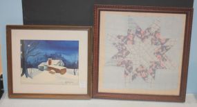 Framed Section of Quilt, Watercolor Signed Rena Boykin Barlow '77 14