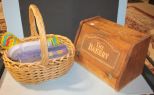 Bread Box, Basket with Plastic Cups, Plates, and Pine Servers