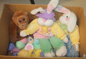 Box Lot with Stuffed Rabbits and Plastic Tea Set