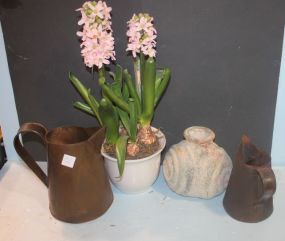 Flower Arrangement, Two Metal Pitchers, and Cement Painted Vase