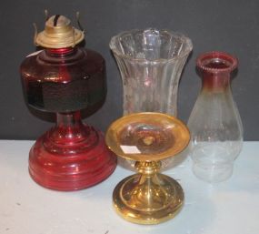 Oil Lamp, Vase, and Brass Candlestand