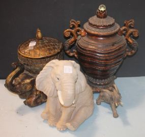 Decorative Resin Elephants and Covered Jar
