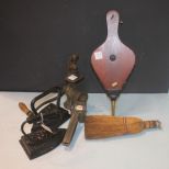 Two Sheffield Irons, Grinder, Broom, and Squeezer