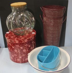 Enamel Bowl, Tall Pots, Divided Bucket, Glasses, and Jar