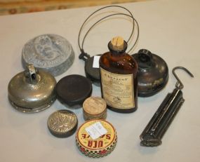 German Brass Pocket Scale, Wall Dispatch Phone Parts, Apothecary Tins and Bottle, Dutch Boy Lead Weight