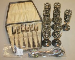 Set of Nine Mexico Silverplate and Glass Cordials, Six Enamel Silverplate Collectors Spoon, Set of EPNS Dessert Spoons in Box