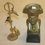 Cast Metal Bust of George Washington and Brass Hand Towel Rack