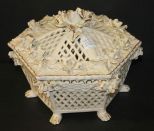 Lattice Work Porcelain Covered Six Sided Dish Italian, chipped roses 11