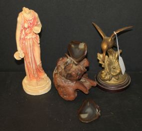 Polished Stone Butterfly on Wood Base, Brass Hummingbird, and Headless Figurine