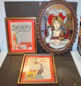 Framed Snider's Catsup, Old Dutch Cleaner Advertisements, Painted Coca-Cola Advertising Mirror 16