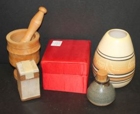 Indian Design Pottery Vase, Miracle Bottle, Boxes in Boxes, and Mortar