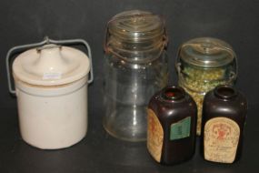 Two Snuff Bottles, Atlas Jar, Ball Jar, and Crock