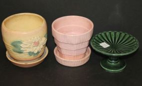 Hull Pottery Flower Pot, Pink McCoy Flower Pot, and Hull Green Compote Hull Pottery Flower Pot (cracks) 5