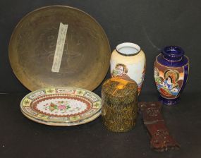 Oriental Brass On Stand, Two Satsuma Style Vases, Made in India Box, Two Oval Painted Platters Oriental Brass On Stand 10