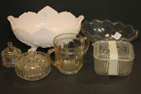 Group of Glass including, lighter, sugar, covered dishes, pink fruit, and glass fruit bowl.