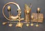 Brass Taxi Cab Horn, Candlesticks, and Box