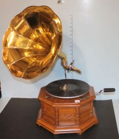 Repro. Edison Standard Wind Up Phonograph Has Brass Horn, does work.