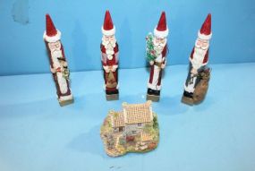Four Wooden Santa Claws Christmas Ornaments, Resin Cottage