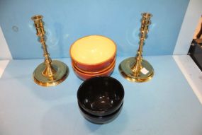 Pair of Brass Candlesticks and Five Pottery Bowls