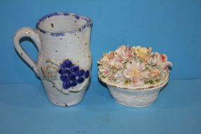 Pottery Pitcher and Ceramic Basket of Flowers