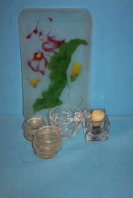 Glass Painted Tray, Coasters, and Candleholders