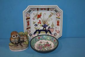 Oriental Style Dish, Bisque Figure of Owls, and Dish
