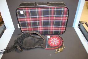 Contemporary Beaded Black Suede Purse and Small Plaid Suitcase