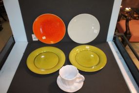 Made in Italy Cup and Saucer, Made in France Plates, and Pottery Plates