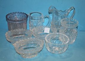 Eight pieces of early glass. Pitchers, sugar, bowl, oval dishes