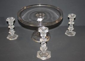 Glass Cake Stand, 3 glass candle sticks