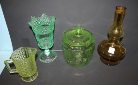 Green Depression Glass Cookie Jar, Amber Vase, Aqua Celery, Yellow Pitcher