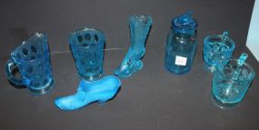 6 Pieces Blue Glass including Creamer, Sugar, Two Sugars, Two Shoes, Covered Jar