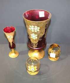 4 Bohemian Cranberry Glass Vase and 2 Glasses