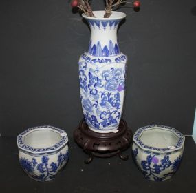 Two Blue and White Flower Pots, Blue and White Vase on Stand 5
